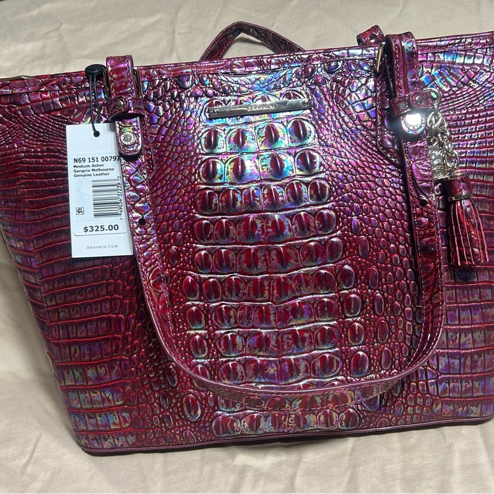 Brahmin Iridescent Magenta Croc-Embossed Tote